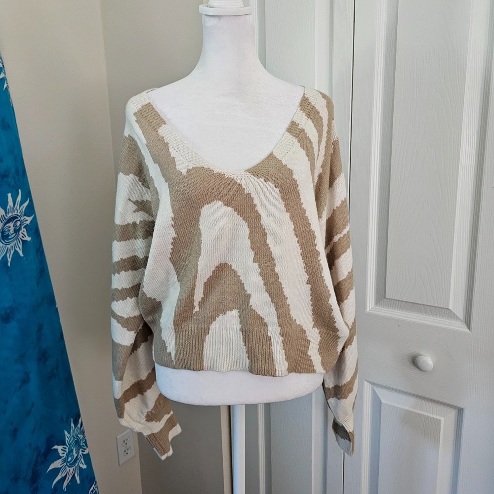 Gypsy Rose Womens Medium Zebra Print Slouchy Sweater Back Tie V Neck Knit